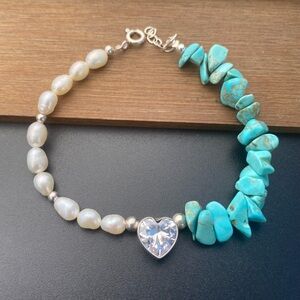 925 Sterling Silver Turquoise and Pearl Bracelet Plata Pulsera